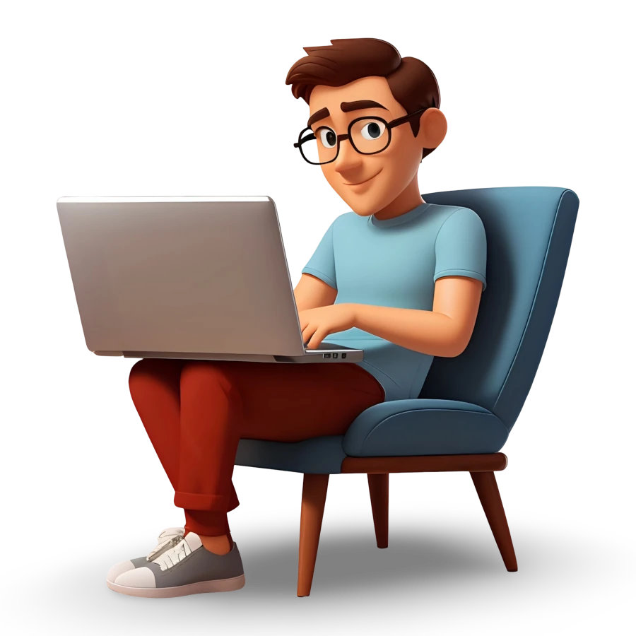 Ideate Web Solution creative web designer illustration working on laptop, representing web design, web development, and mobile app development services